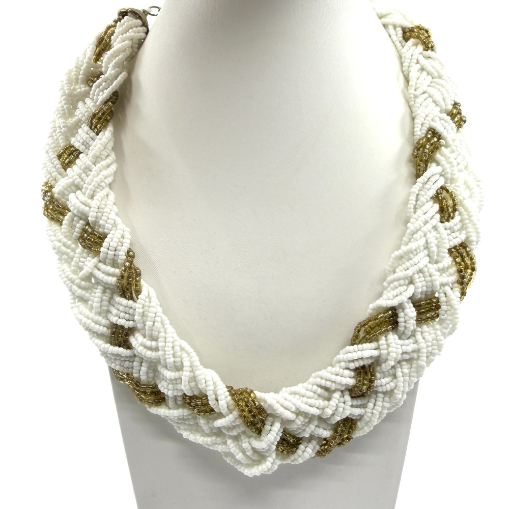 Y2K Braided Seed Bead Necklace White Gold Tone Boho Layering Accessory
